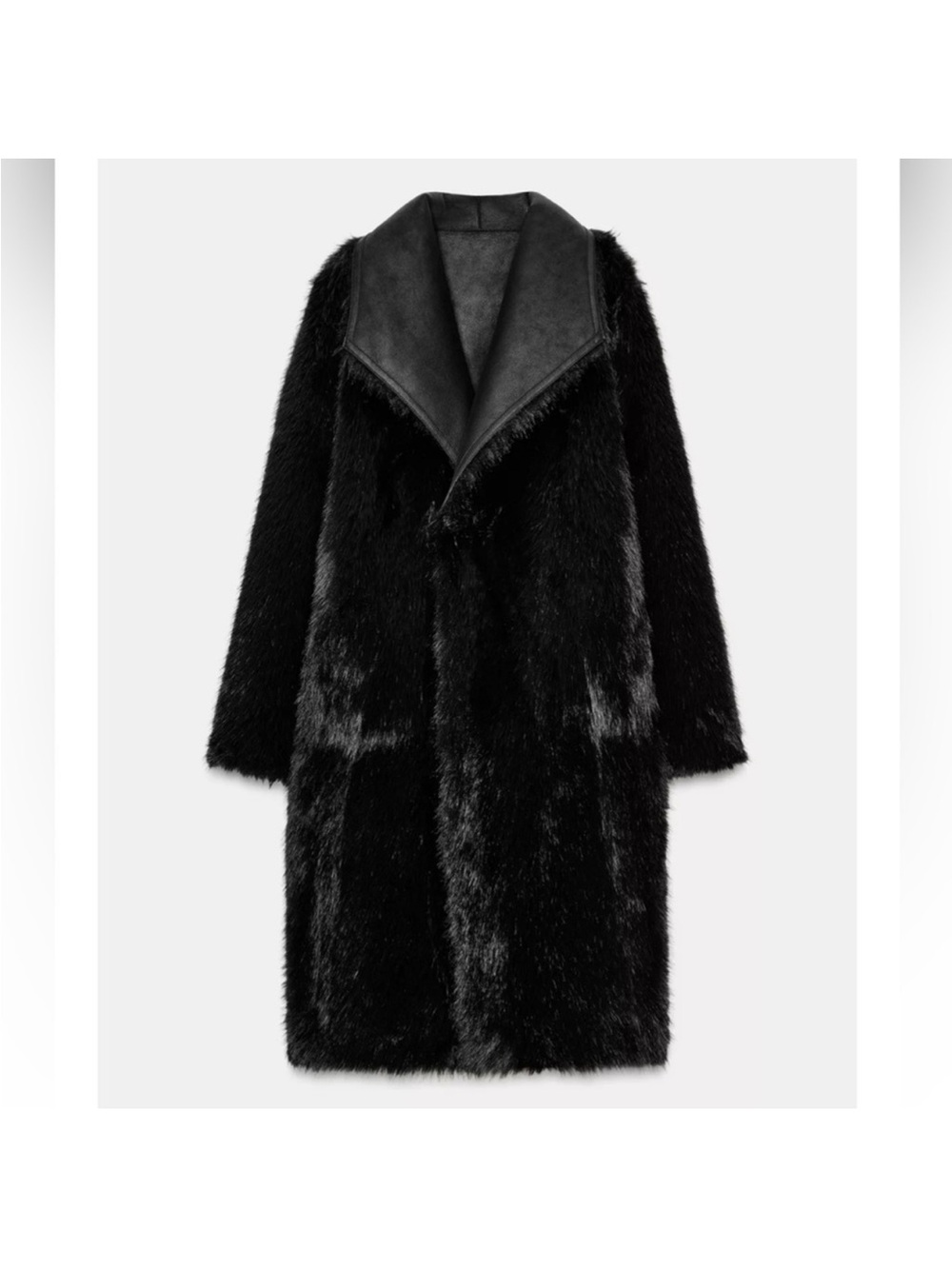 Zara Black Faux Fur Long Coat with Suede-Look Collar